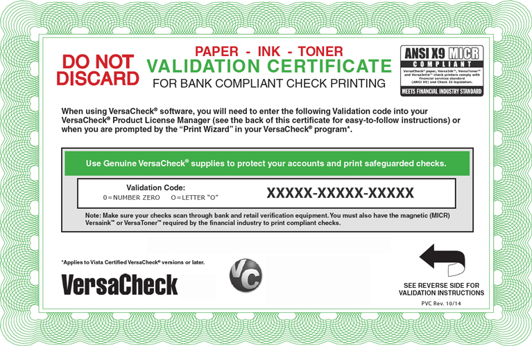 free 2019 versacheck validation code